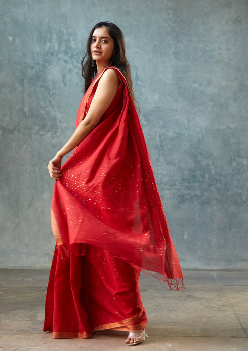 Handwoven Red Bengal Cotton Sequin Saree